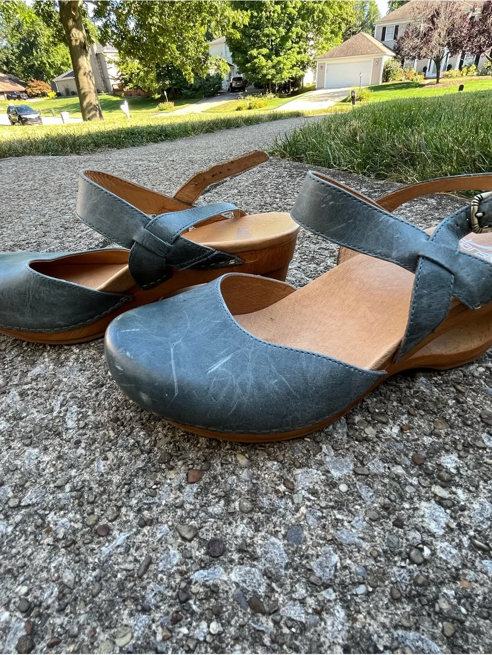 Dansko Slate Blue Leather Mary Jane Slingback Wedges